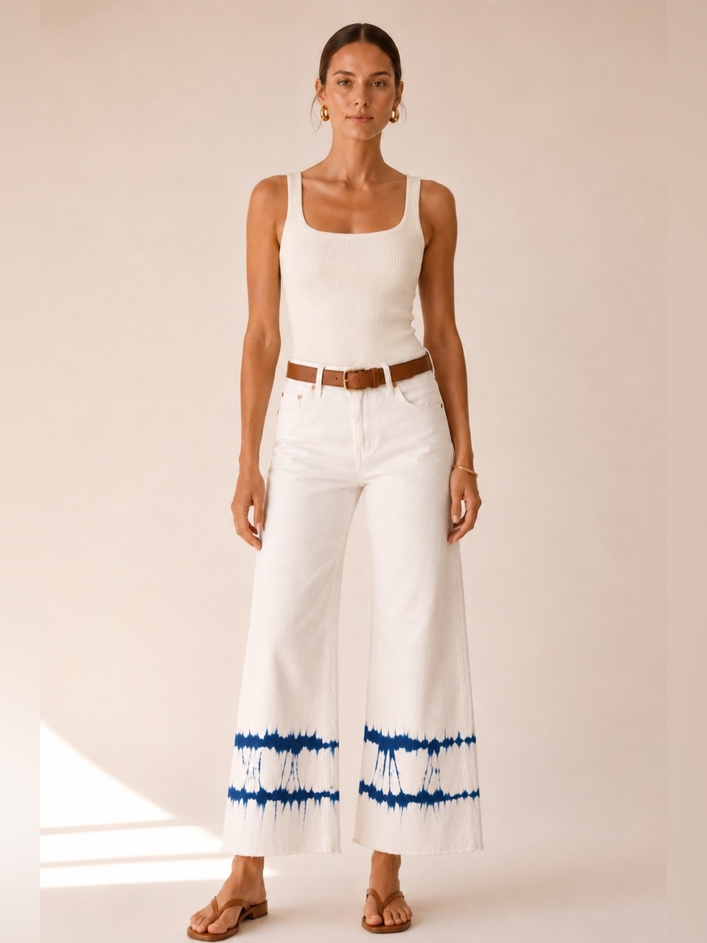 Hudson Rosie Cream Colored Rosie wide leg crop jeans with blue shibori detail 28